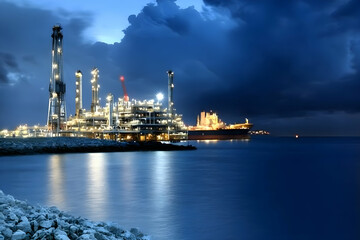 Illuminated Offshore Industrial Facility Reflects in Calm Water at Night Under Dramatic Clouds