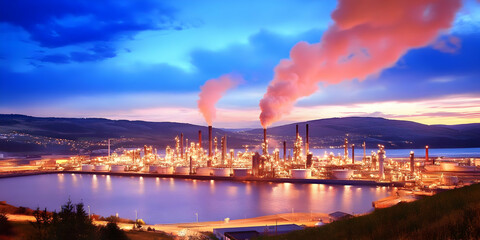 Oil Refinery Plant Emits Smoke at Sunset, Illuminating the Industrial Landscape Beautifully