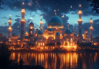 Obraz premium Illuminated Fantasy Palace with Domes and Spires by Lake at Twilight with Crescent Moons
