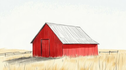 Obraz premium A red barn with a white roof sits in a field. The barn is the focal point of the image, and the field around it is empty and peaceful. The red color of the barn