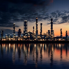 Fototapeta premium Industrial Plant Reflects in Water at Sunset with Dramatic Clouds