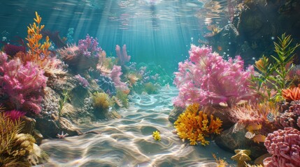 Naklejka premium Vibrant underwater scene showcasing colorful coral reefs and marine life illuminated by sunlight