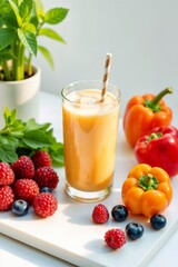  Glass of juice with straw, berries, and vegetables on the table, fresh and healthy nutrition