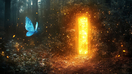 Obraz premium Magical Fantasy Forest Portal Glowing Butterfly Blue Orange Fire Dark Path Light Fairy Night Trees 