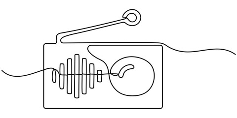 radio continuous one line drawing, Radio and Communication Equipment Line Icon, An illustration depicting a black and white one line drawing of a retro classic radio tape player. This is the Boombox. 