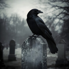 Fototapeta premium Crow on a gravestone in a cemetery 