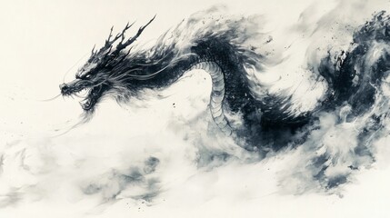Obraz premium Traditional dragon ink painting with fluid brush strokes capturing the dynamic movement of the dragon as it spirals through the air against a pristine white background