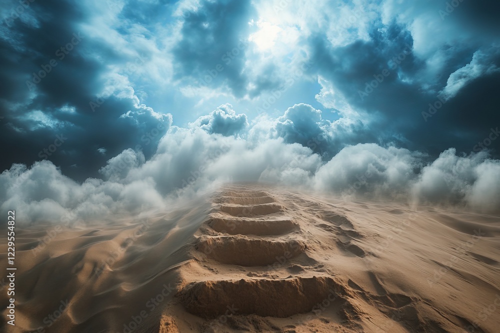Poster a mystical desert scene with a sand path ascending into a sky filled with dramatic clouds, creating 