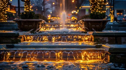 Obraz premium Illuminated fountain cascading water with festive lights in a charming urban setting at dusk