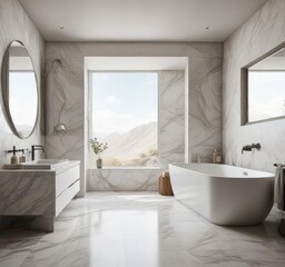 Sleek bathroom with a freestanding tub and marble accents , interior, bathroom