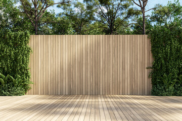 Modern contemporary empty wooden terrace with blank plank wall for copy space 3d render surrounded by green nature