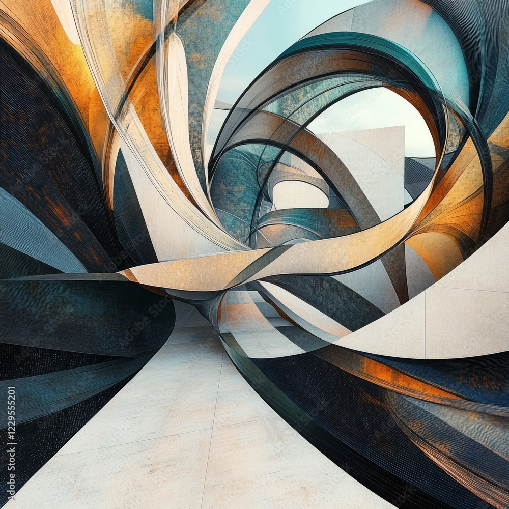 Poster a visually striking abstract architectural design featuring dynamic curves and a modern aesthetic in