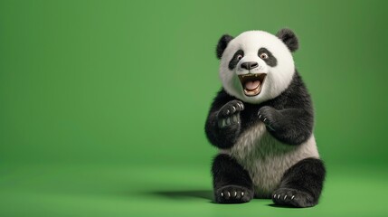 A cartoon panda bear smiles and claps its paws in front of a green screen.