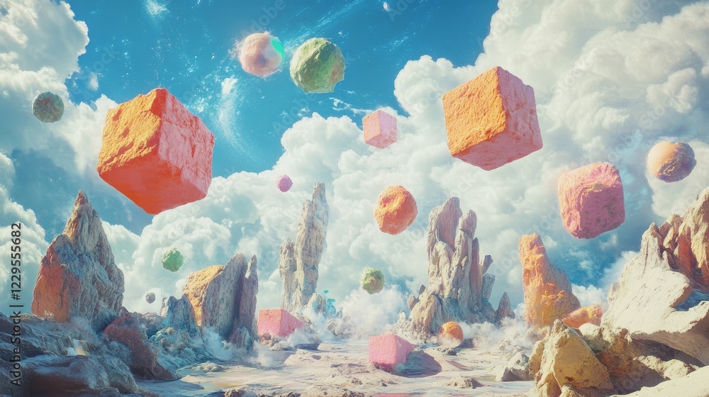 Poster a colorful space with many different colored blocks and spheres. the blocks are in the air and the s