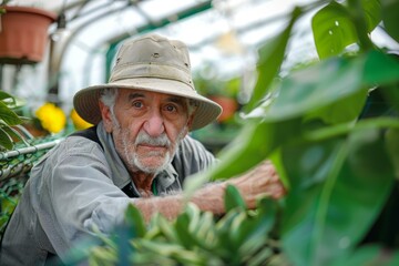 Elderly gardener working in greenhouse, surrounded by lush greenery