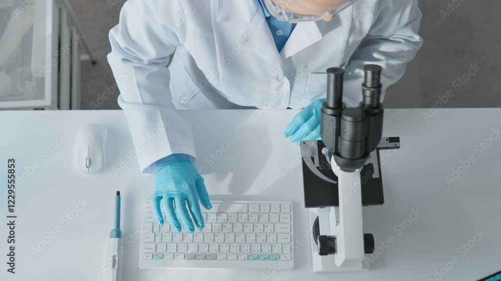 Poster A skilled scientist is analyzing samples under a powerful microscope in a modern lab, using advanced technology to enhance research and observe intricate details of diverse subjects