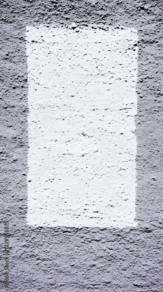 Poster white rectangular shape on a textured gray wall background creates a striking visual contrast