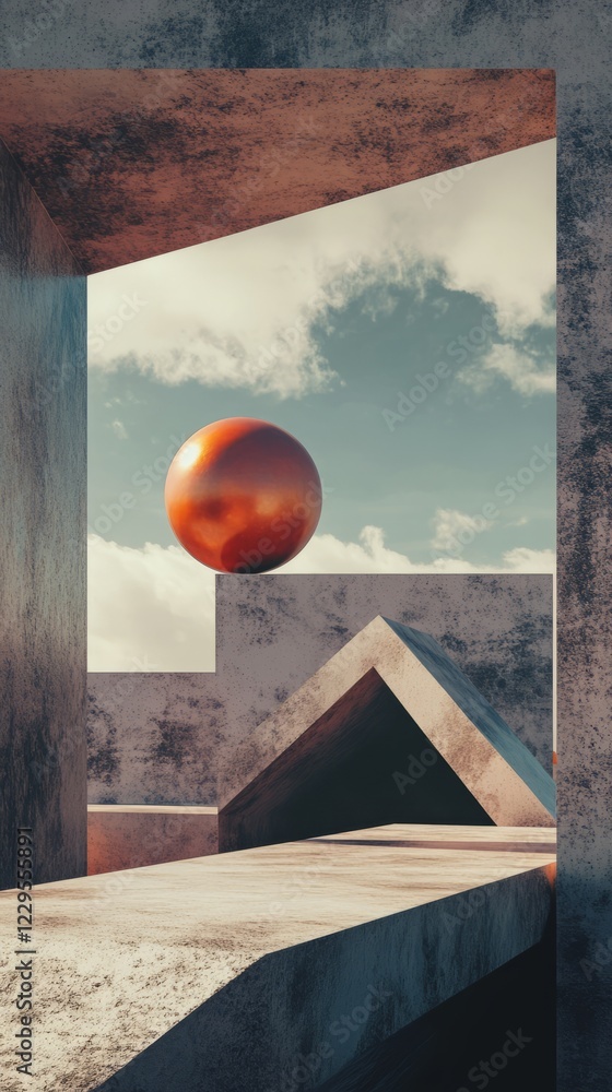 Poster a surreal scene featuring geometric architecture and a floating sphere under a dramatic cloudy sky.