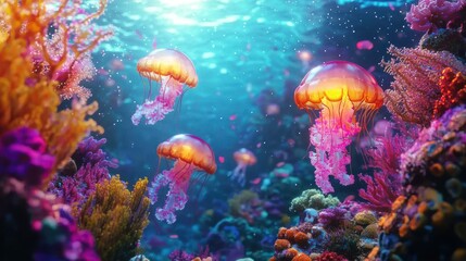 Vibrant Underwater Paradise:  Jellyfish and Coral Reef Majesty