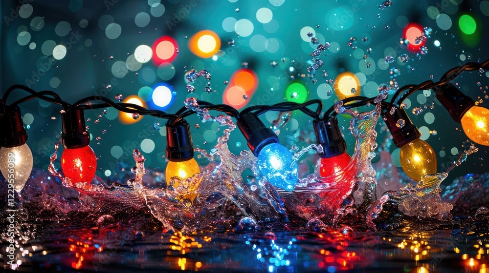 Poster Colorful string lights splashing in water, creating a festive atmosphere with vibrant bokeh