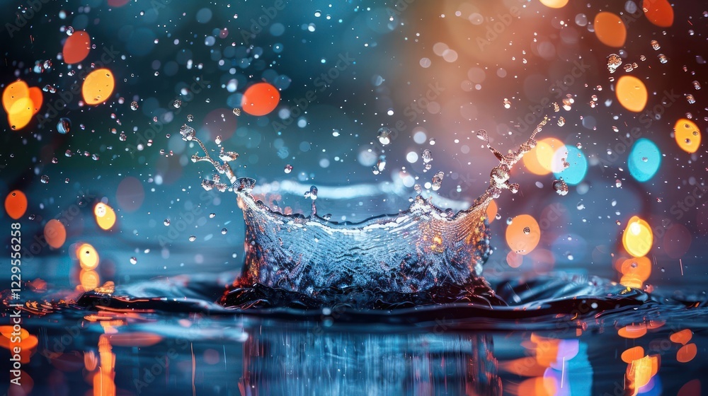 Poster vibrant water splash creating ripples amidst colorful bokeh lights in a serene setting