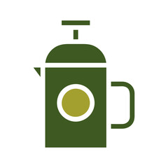 A green press coffee maker with golden circle design