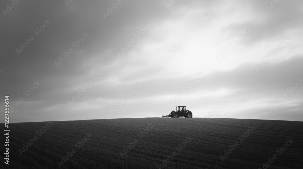 Poster a tractor is on a field with a cloudy sky in the background. the sky is overcast and the field is em