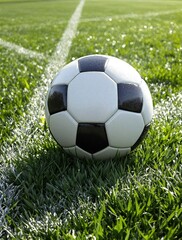 Fototapeta premium Soccer ball on a wet grass field with chalk drawn lines around it in the background, outdoor sports, soccer ball