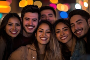 Obraz premium Night Out with Friends: A group of young adults smiling brightly against a backdrop of colorful city lights, capturing the joy and energy of a fun night out.