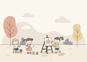 Fototapeta premium Illustration of children painting outdoors in nature, soft pastel colours