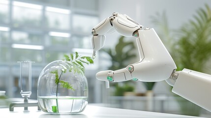 Robot is touching a plant in a glass vase. The robot is white and has a robotic hand. Concept scene is set in a laboratory or a science lab
