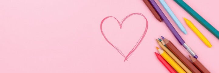 Fototapeta premium Soft pink background with a heart-shaped scribble made from colorful pens, whimsical illustrations, colorful doodling, sweet treats