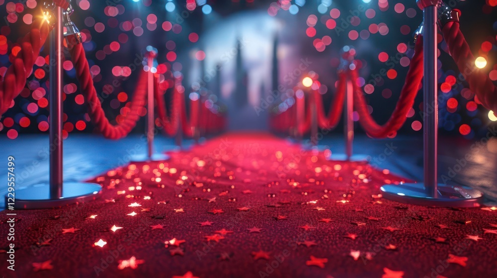Poster red carpet leading to a glamorous event with sparkling stars and colorful bokeh lights in the backgr