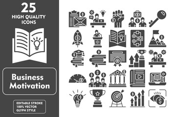 Business Motivation glyph editable icon set. Containing corporate identity, books, tutorials, online course, creativity, trophy, target, growth and more. Vector illustration icons