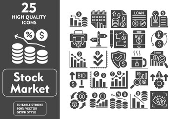 Stock Market glyph editable icon set. Containing trading, calendar, funds, loan, knowledge, briefcase, sign post, planning and more. Vector illustration icons