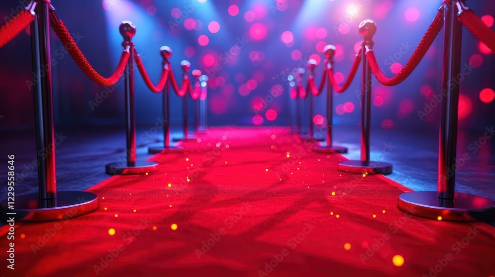Poster elegant red carpet event setup with velvet ropes and colorful bokeh lights in the background