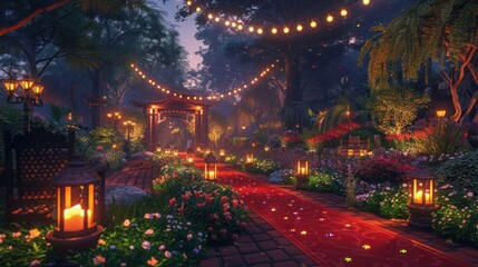 Obraz premium Enchanted garden pathway illuminated by lanterns and fairy lights, vibrant flowers in twilight