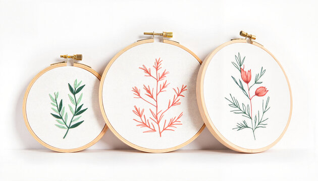 Colorful embroidery hoops with abstract designs, modern artistic expression