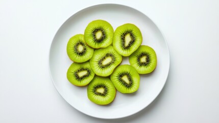 A minimalist plate of fresh kiwi slices, neatly arranged in a simple pattern on a plain white ceramic plate, Kiwi slices centered