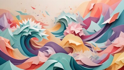 Abstract Origami Wave Pastel Color Paper Curves Creating a Wavy Ocean Inspired Background