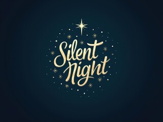 Gold Lettering "Silent Night" with Stars and Snowflakes on Dark Blue Background