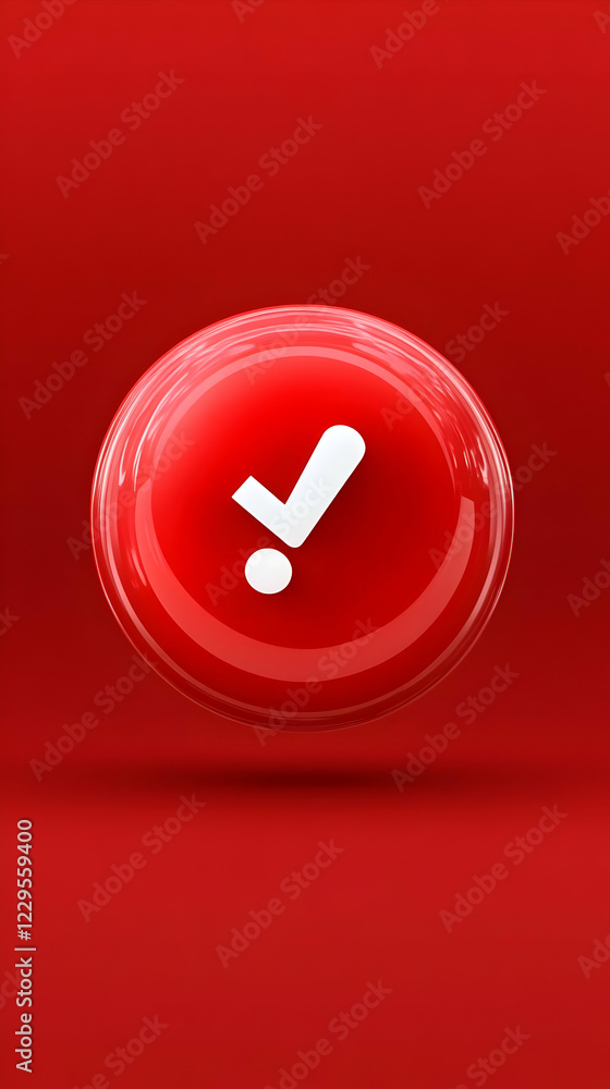 Poster 3d red button with white check mark icon on red background