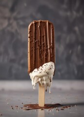 Popsicle stick with an ice cream popsicle covered in melted chocolate and a sprinkle of sea salt , chocolate, nuts