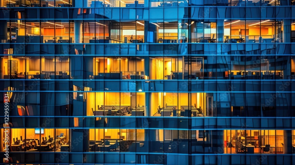 Poster modern office building at dusk with illuminated windows showcasing busy workspaces inside