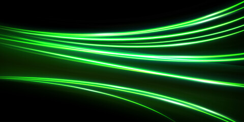 Glowing speed stripes. Traces of movement of a car. Night city lighting with long exposure. Vector.