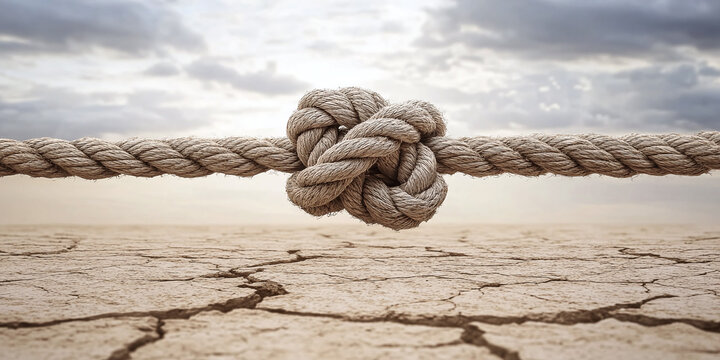 A tightly knotted rope on cracked, dry soil symbolizes resilience, unity, and perseverance against adversity.