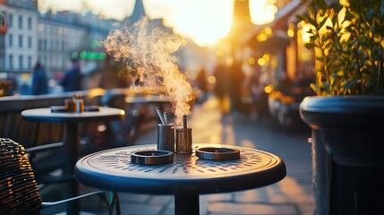 smoking area with outdoor seating in a cafe, small round tables with ashtrays on each table, city view background with pedestrians passing by,