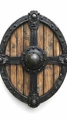 Fototapeta premium Wooden Round Shield with Metal Frame and Boss Isolated on White Background