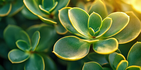 Vibrant close-up of green succulent leaves with golden sunlight illuminating their soft texture, creating a warm and peaceful atmosphere.