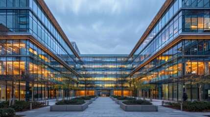 Fototapeta premium Modern glass office building courtyard at dusk with illuminated interiors and cloudy sky